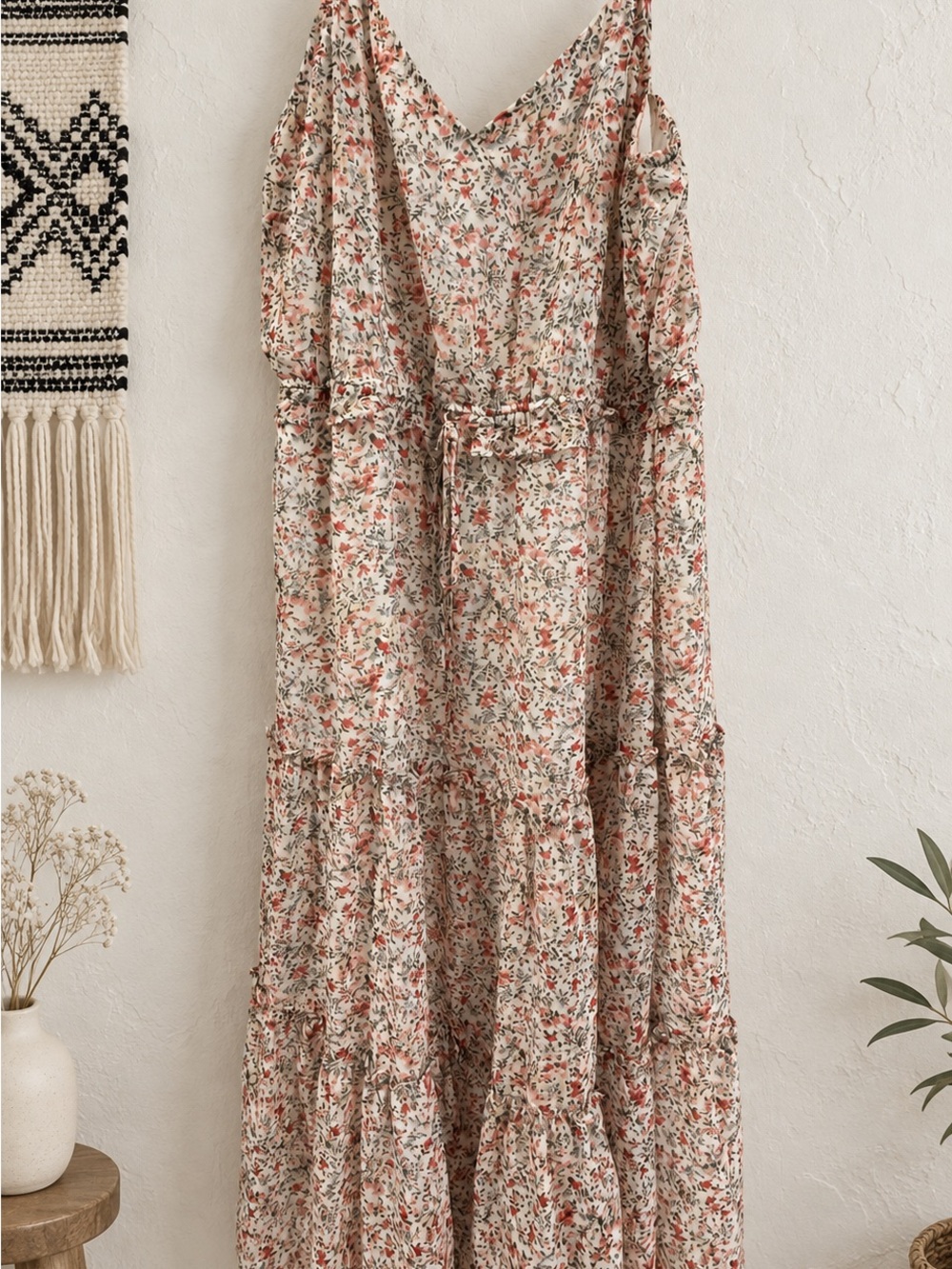Lulu's Cream Floral Tiered Maxi Dress with Coral Accents